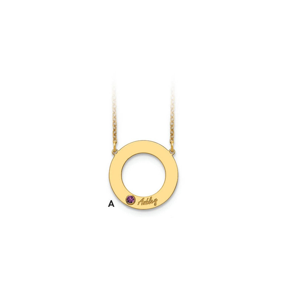 10K Yellow Gold 1 Name and Birthstone w/ 14k Bezel Cut Out Circle Necklace