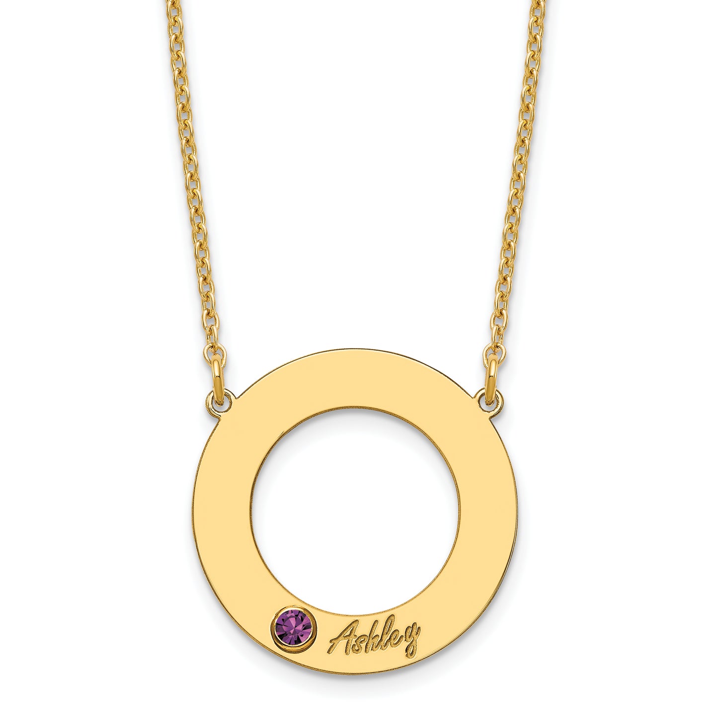 10K Yellow Gold 1 Name and Birthstone w/ 14k Bezel Cut Out Circle Necklace