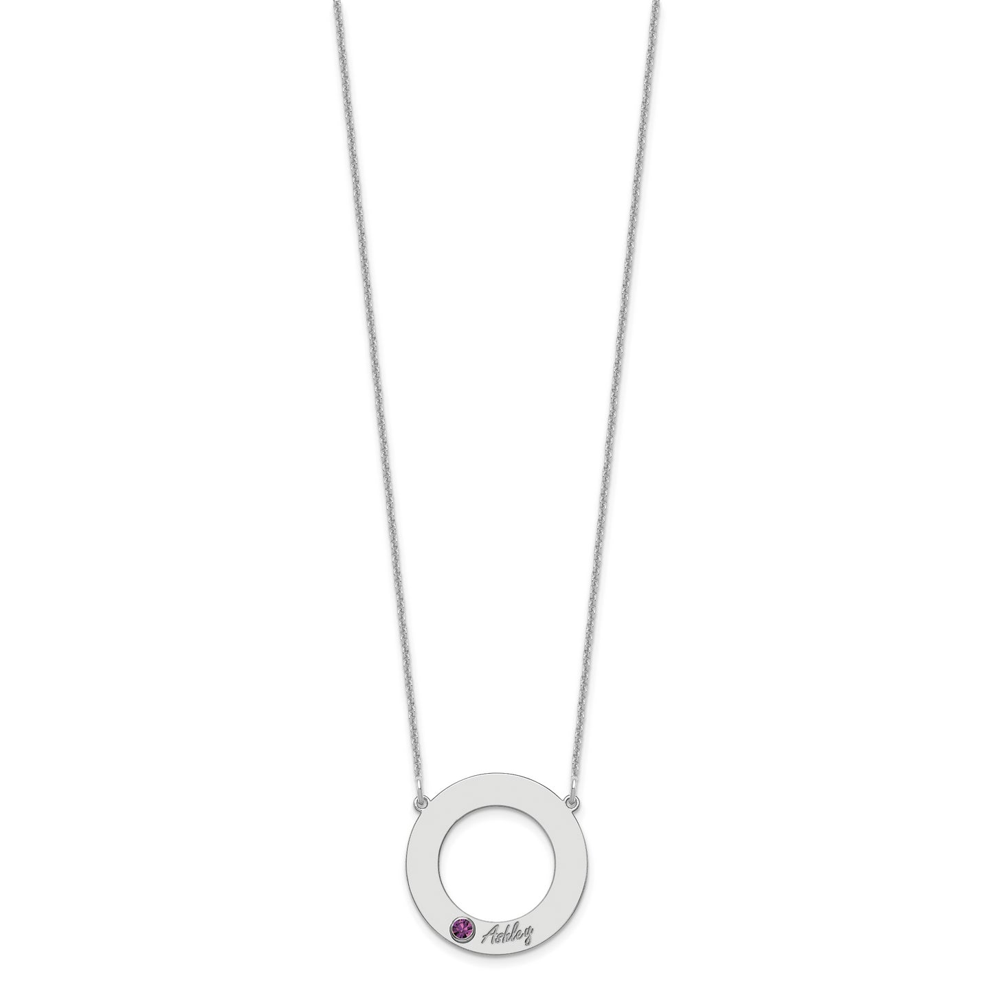 14K White Gold 1 Name & Birthstone with 18k Rhodium Plated Bezel Circle Necklace