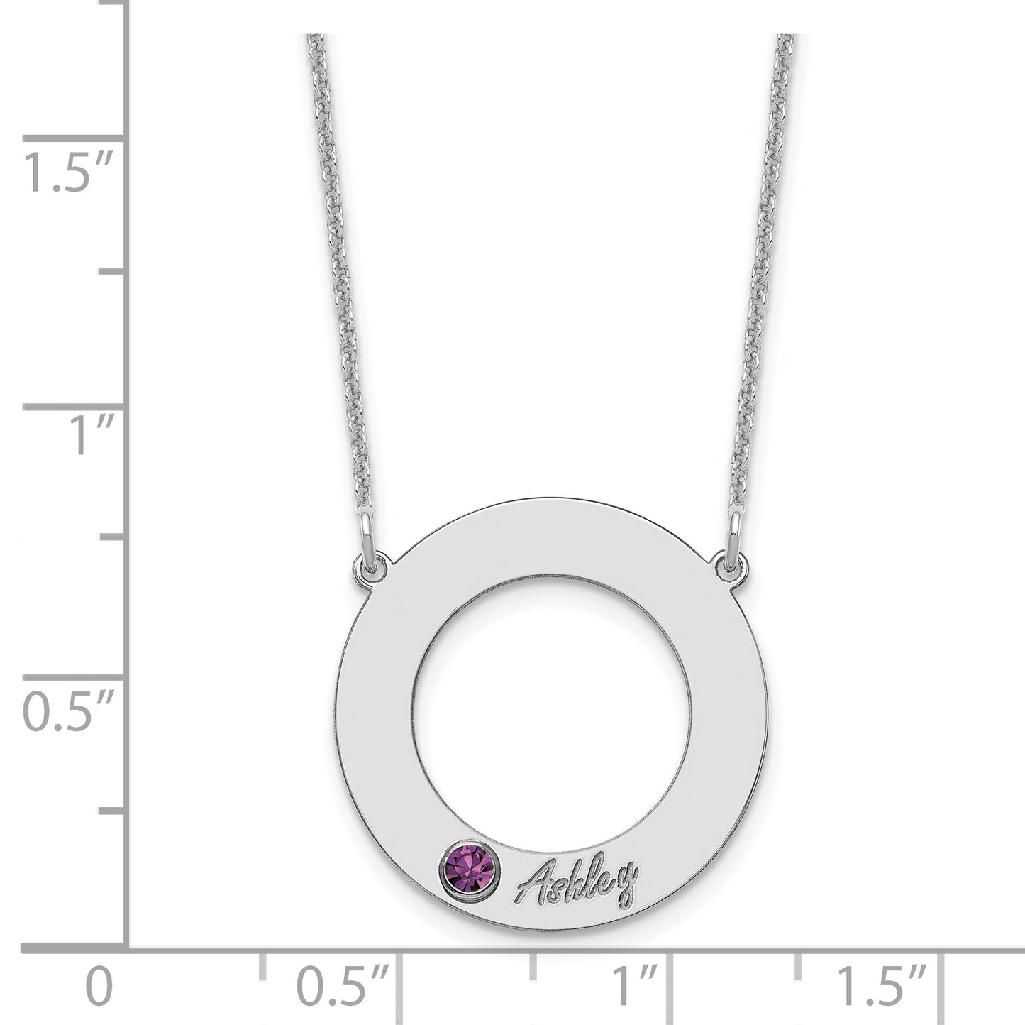 14K White Gold 1 Name & Birthstone with 18k Rhodium Plated Bezel Circle Necklace