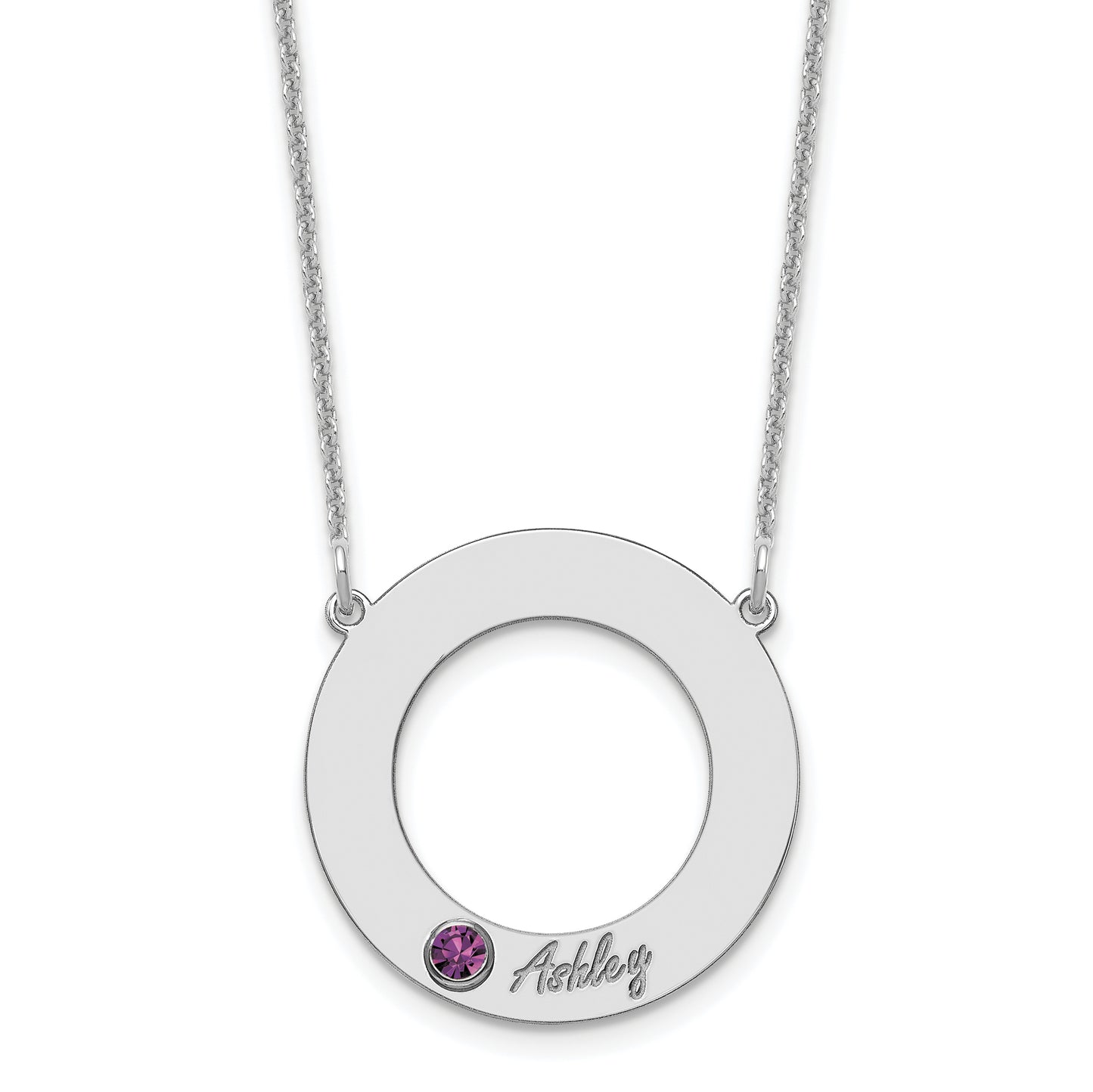 14K White Gold 1 Name & Birthstone with 18k Rhodium Plated Bezel Circle Necklace