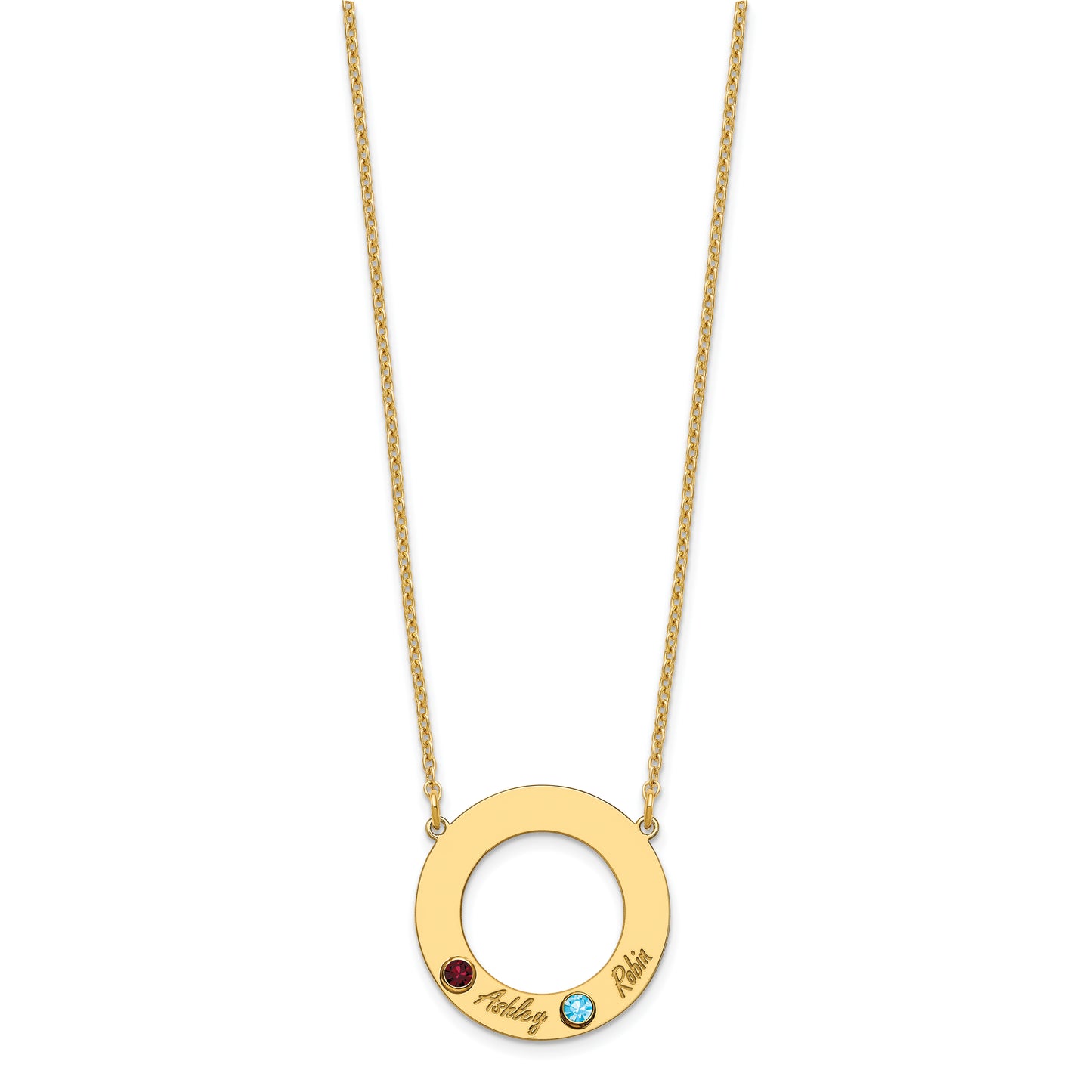 10K Yellow Gold 2 Name and Birthstone w/ 14k Bezel Cut Out Circle Necklace