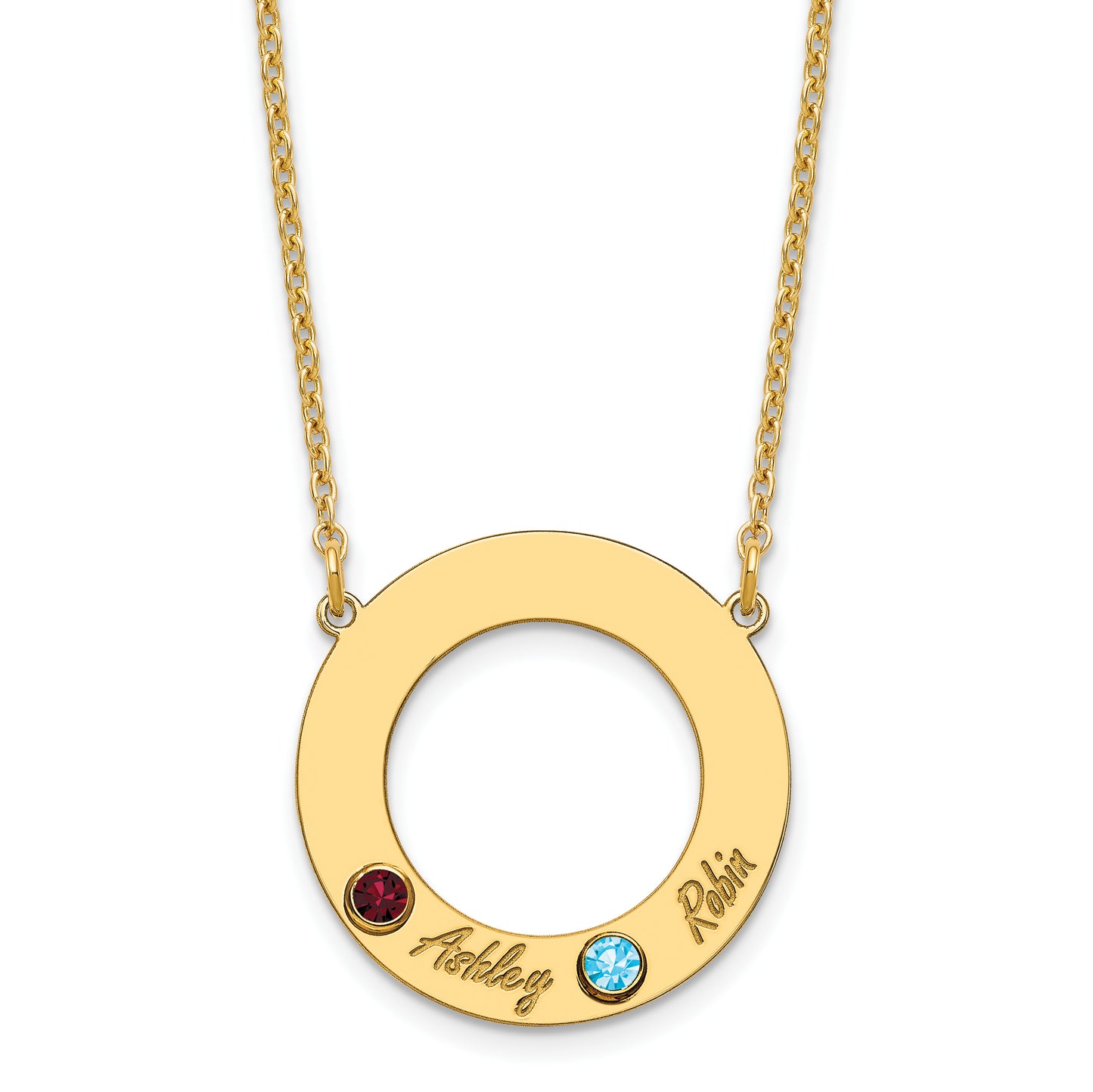 10K Yellow Gold 2 Name and Birthstone w/ 14k Bezel Cut Out Circle Necklace