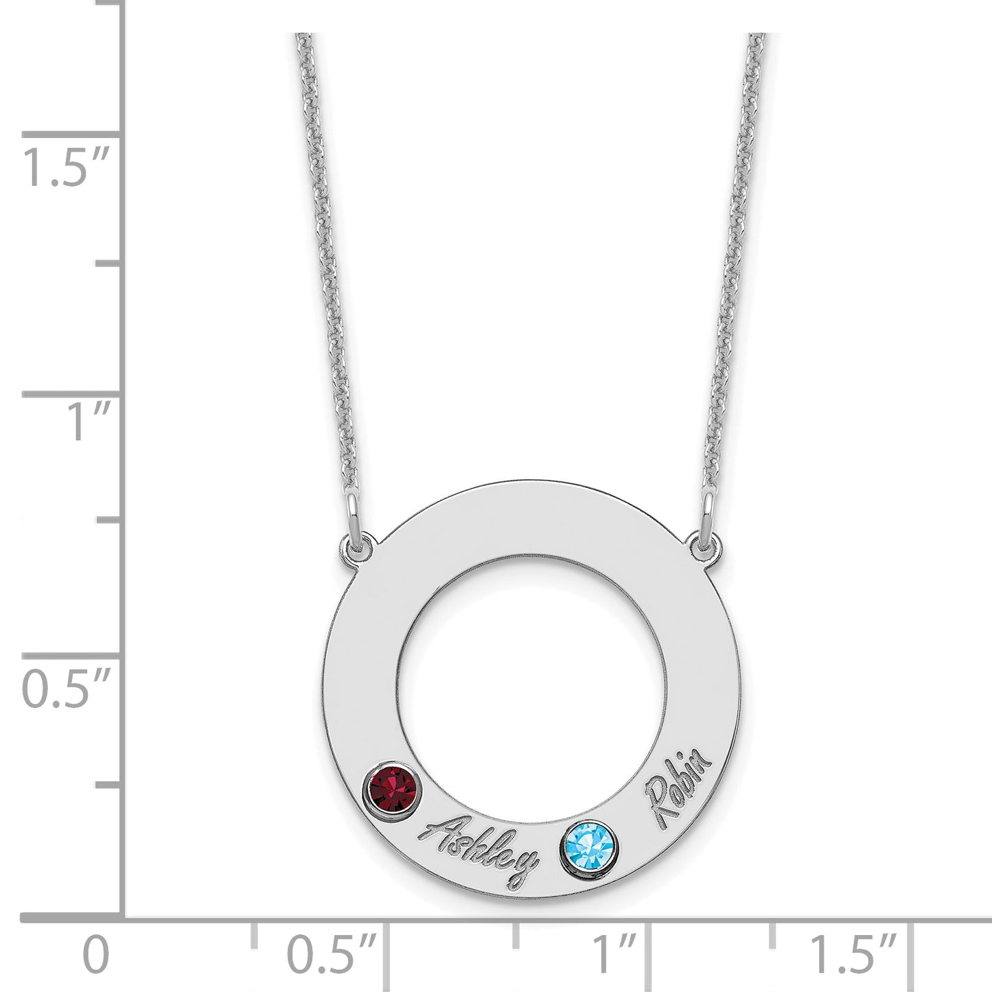 14K White Gold 2 Name & Birthstone with 18k Rhodium Plated Bezel Circle Necklace