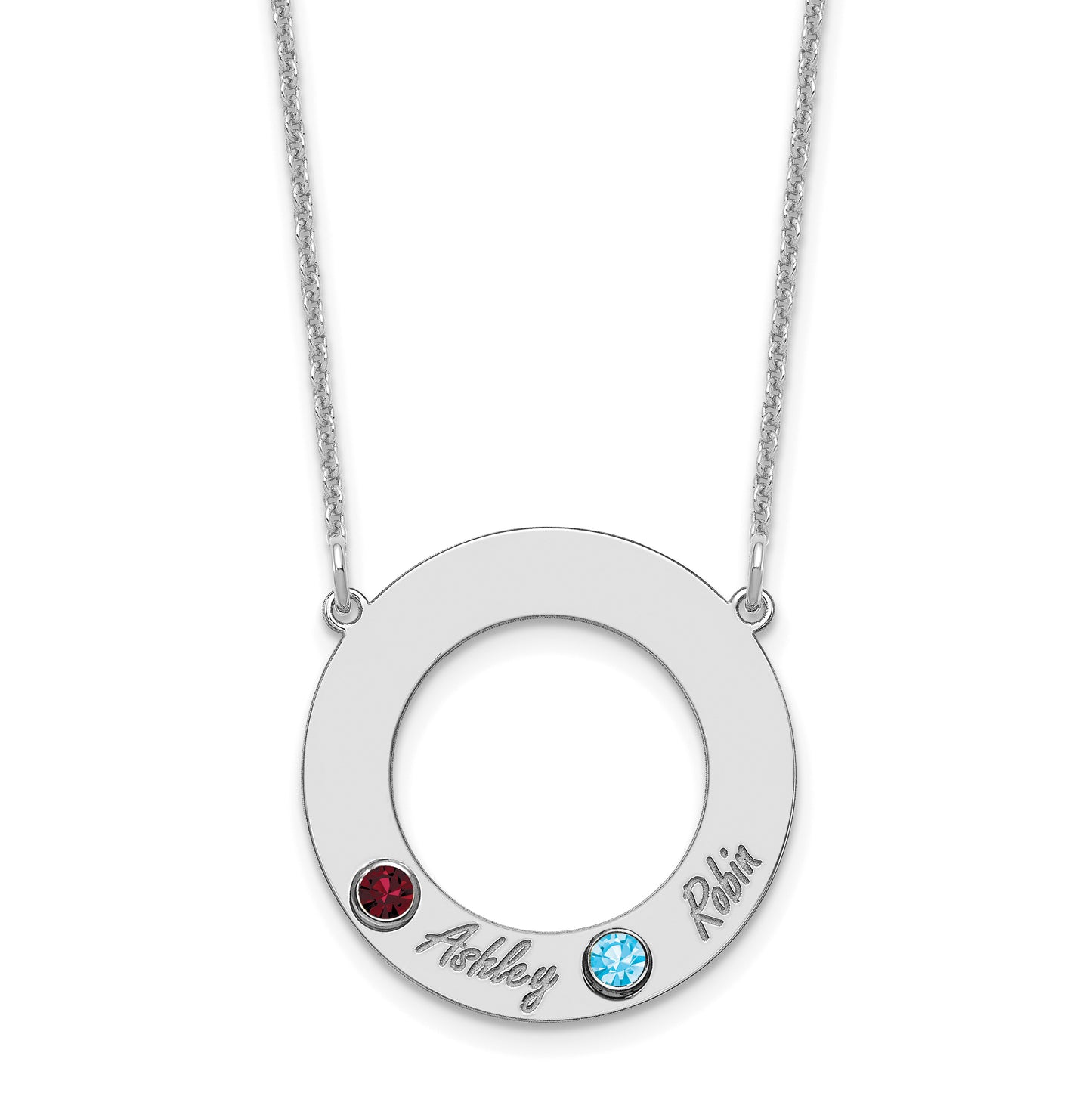 14K White Gold 2 Name & Birthstone with 18k Rhodium Plated Bezel Circle Necklace