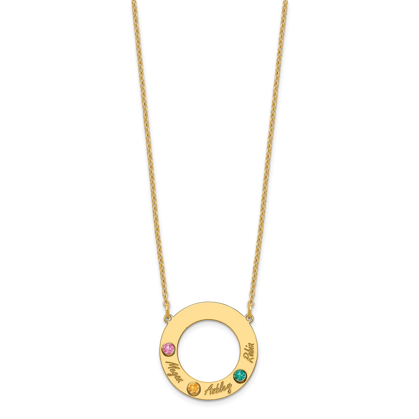 10K Yellow Gold 3 Name and Birthstone w/ 14k Bezel Cut Out Circle Necklace