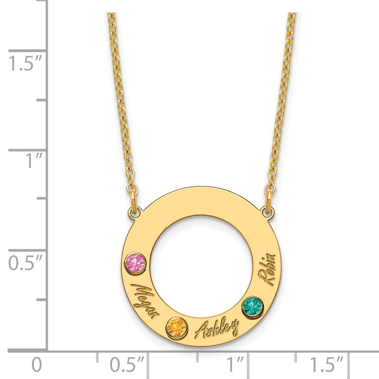 10K Yellow Gold 3 Name and Birthstone w/ 14k Bezel Cut Out Circle Necklace
