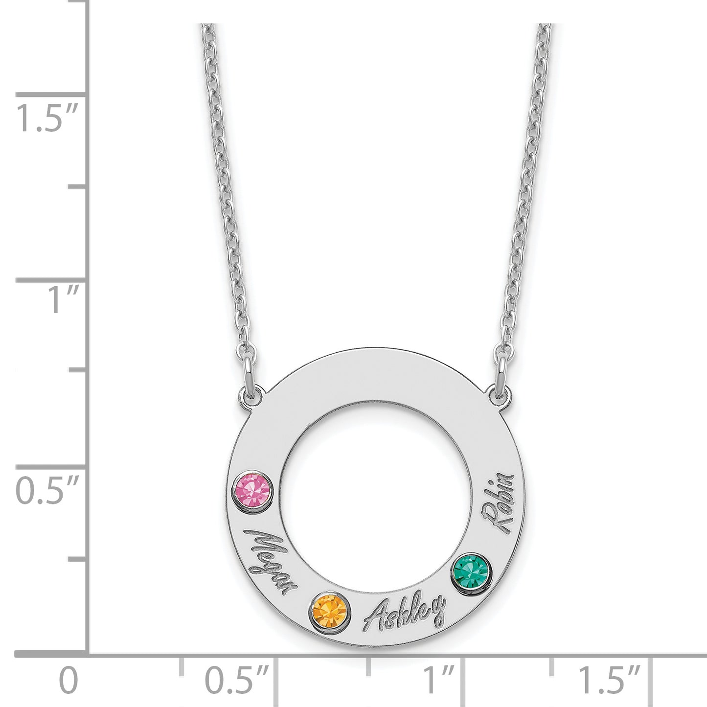 Sterling Silver Rhodium plated 3 Name and Birthstone Cut Out Circle Necklace