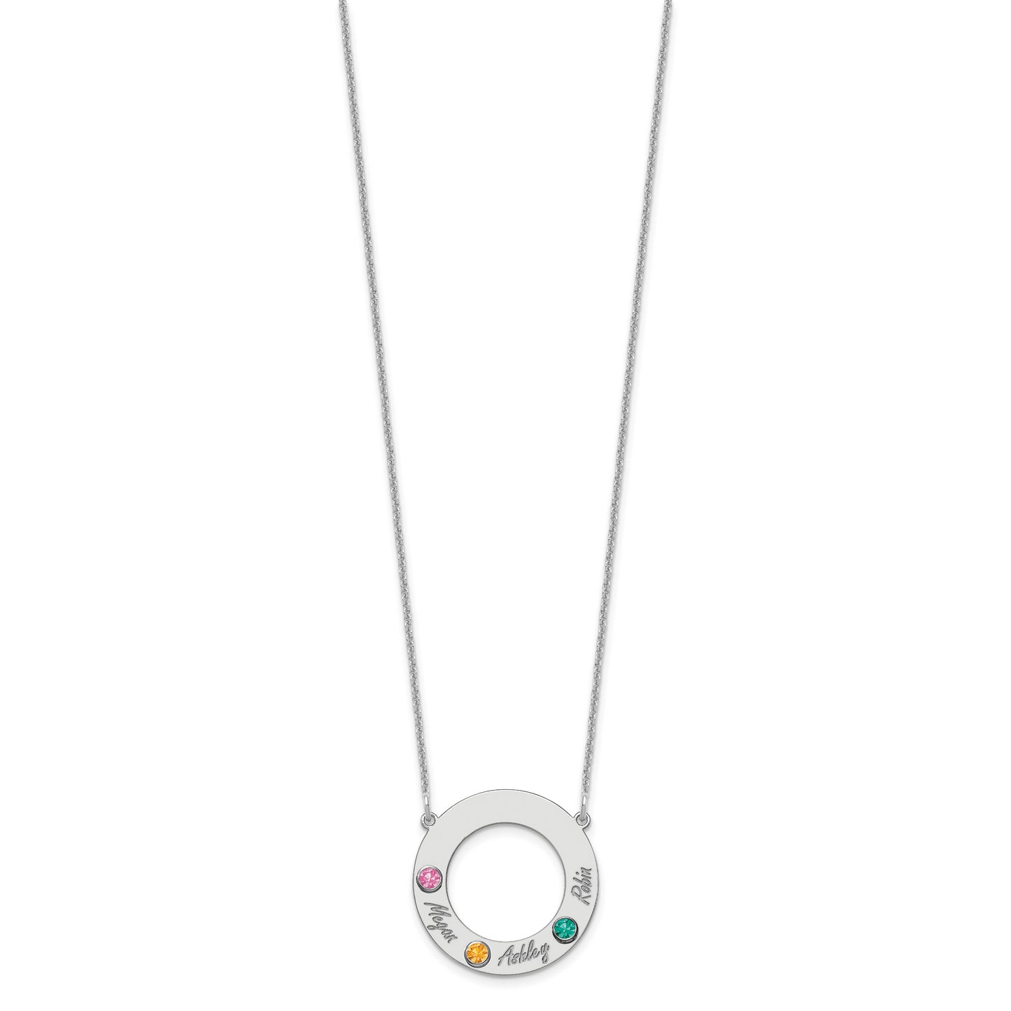 14K White Gold 3 Name & Birthstone with 18k Rhodium Plated Bezel Circle Necklace