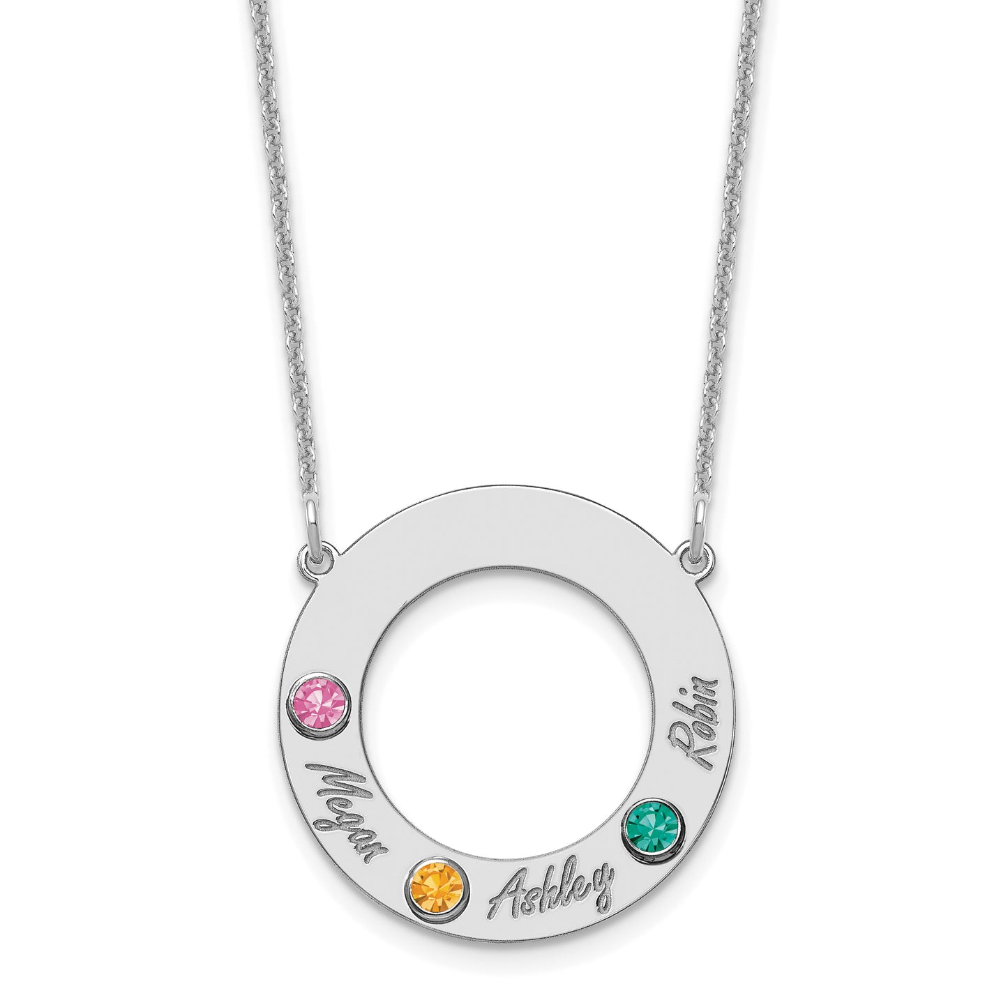 14K White Gold 3 Name & Birthstone with 18k Rhodium Plated Bezel Circle Necklace