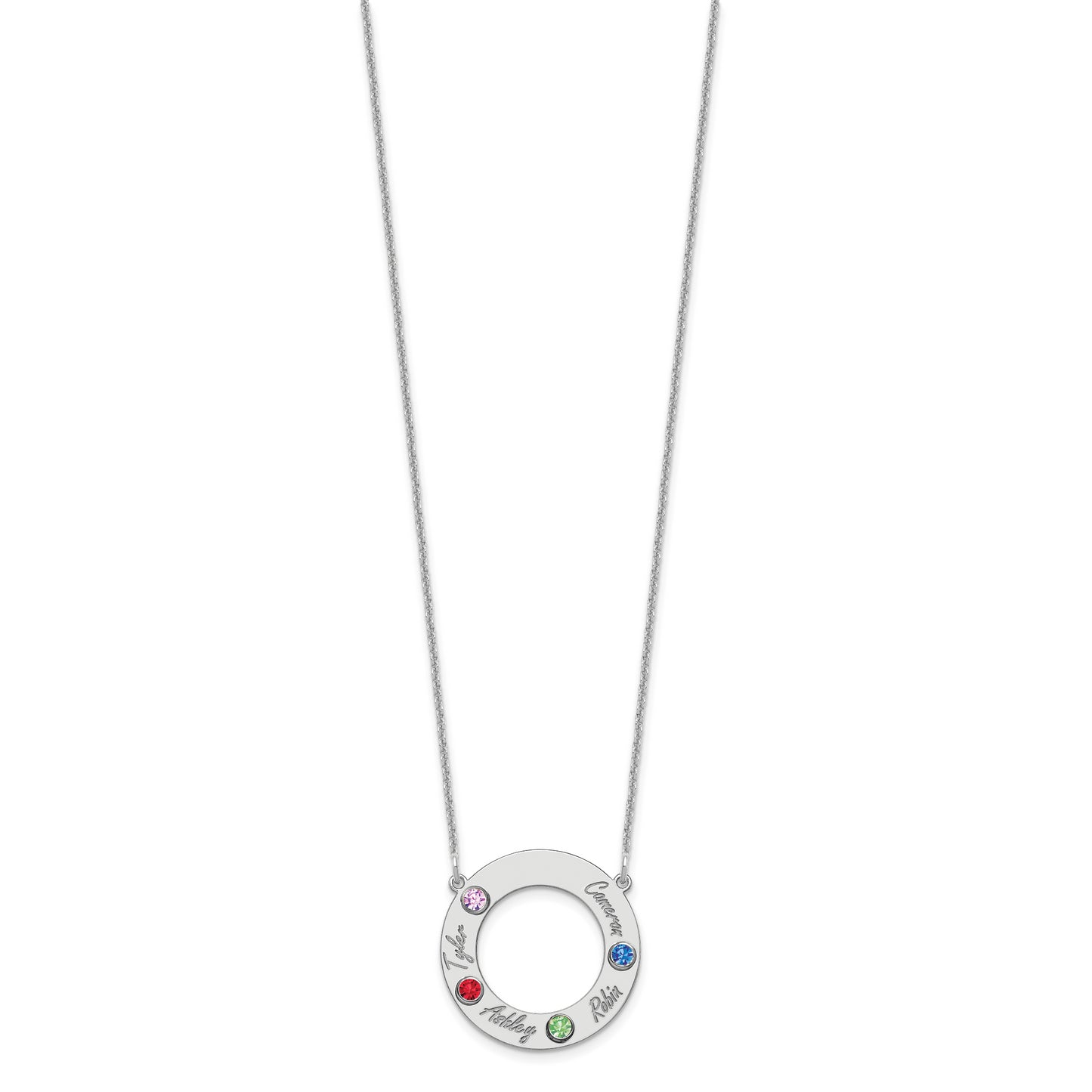 10K White Gold 4 Name and Birthstone with 14k Bezel Cut Out Circle Necklace