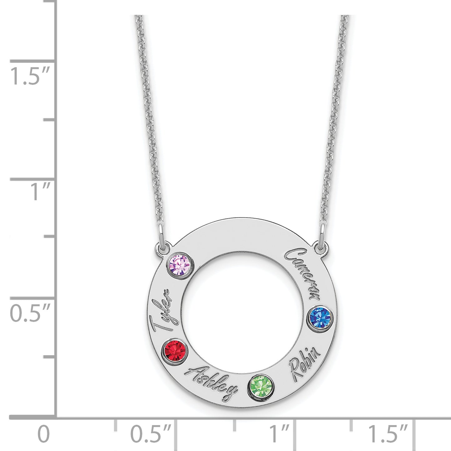 14K White Gold 4 Name & Birthstone with 14k Rhodium Plated Bezel Circle Necklace