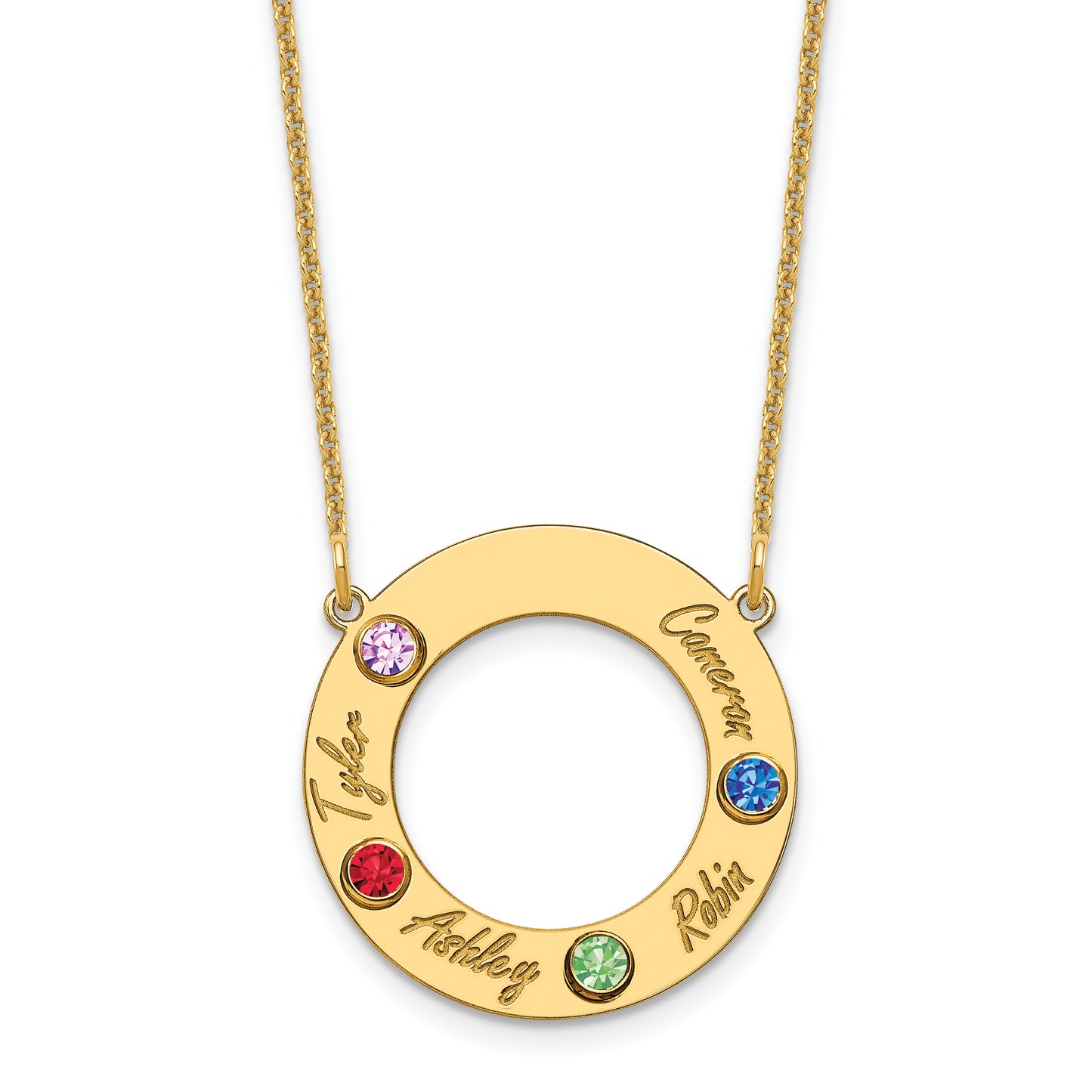 14K Yellow Gold 4 Name and Birthstone w/ 14k Bezel Cut Out Circle Necklace