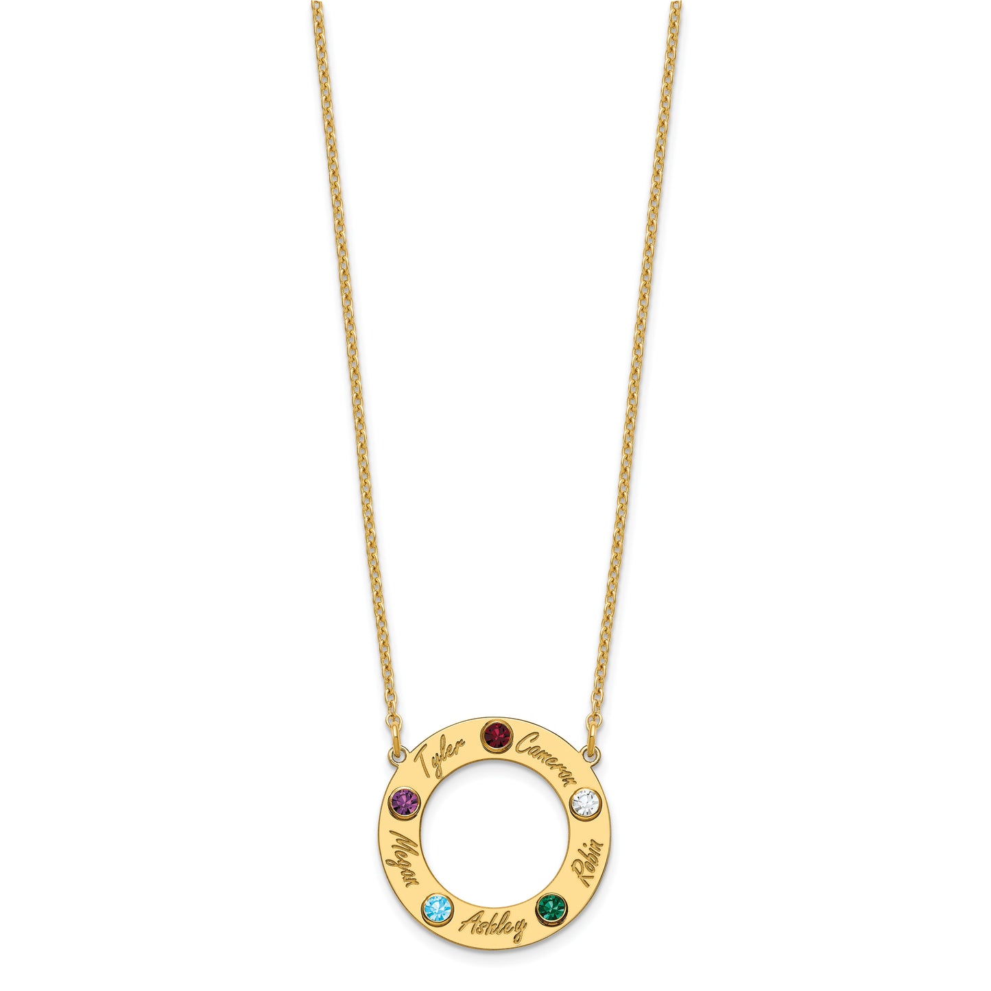 10K Yellow Gold 5 Name and Birthstone w/ 14k Bezel Cut Out Circle Necklace