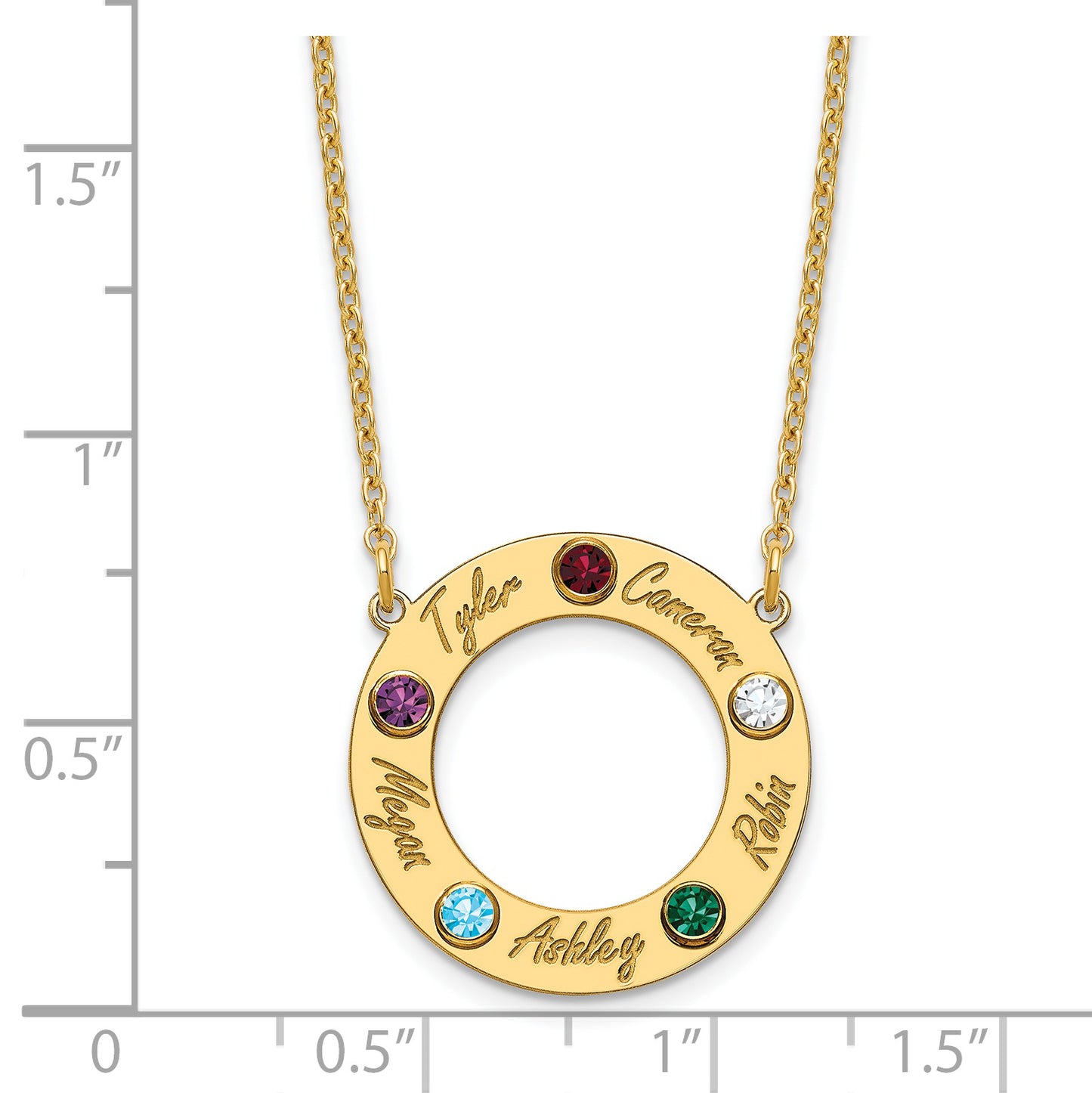 10K Yellow Gold 5 Name and Birthstone w/ 14k Bezel Cut Out Circle Necklace