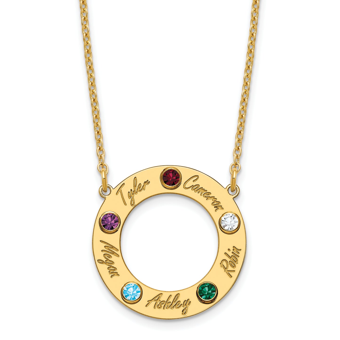 10K Yellow Gold 5 Name and Birthstone w/ 14k Bezel Cut Out Circle Necklace