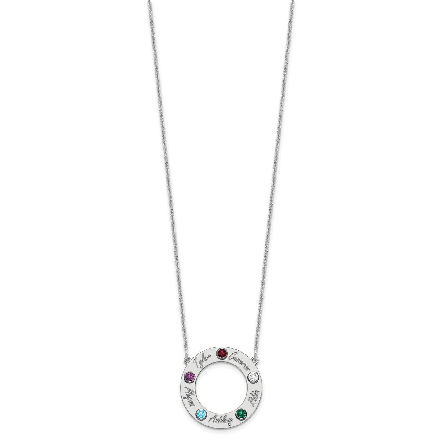 14K White Gold 5 Name & Birthstone with 18k Rhodium Plated Bezel Circle Necklace
