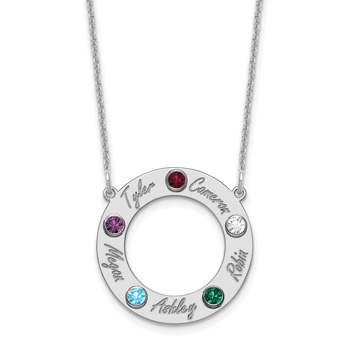 14K White Gold 5 Name & Birthstone with 18k Rhodium Plated Bezel Circle Necklace