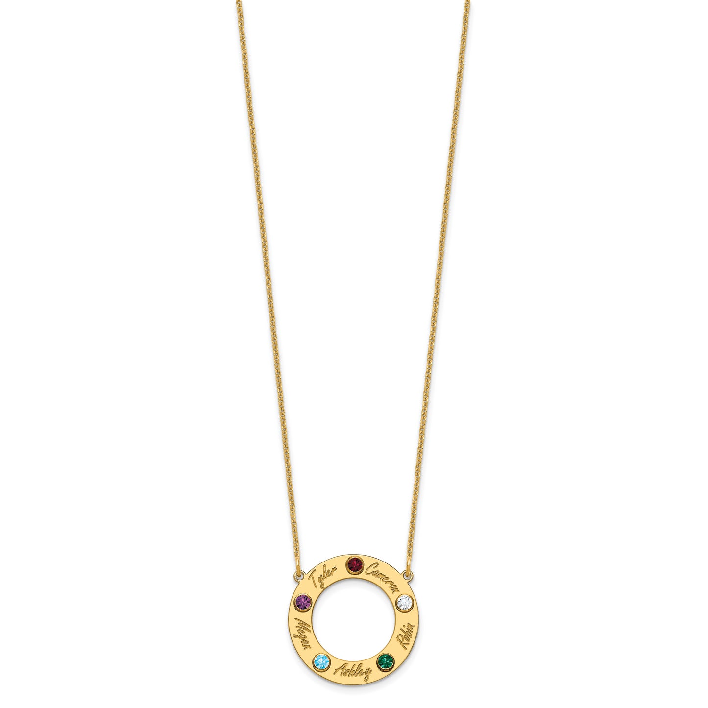 14K Yellow Gold 5 Name and Birthstone w/ 14k Bezel Cut Out Necklace