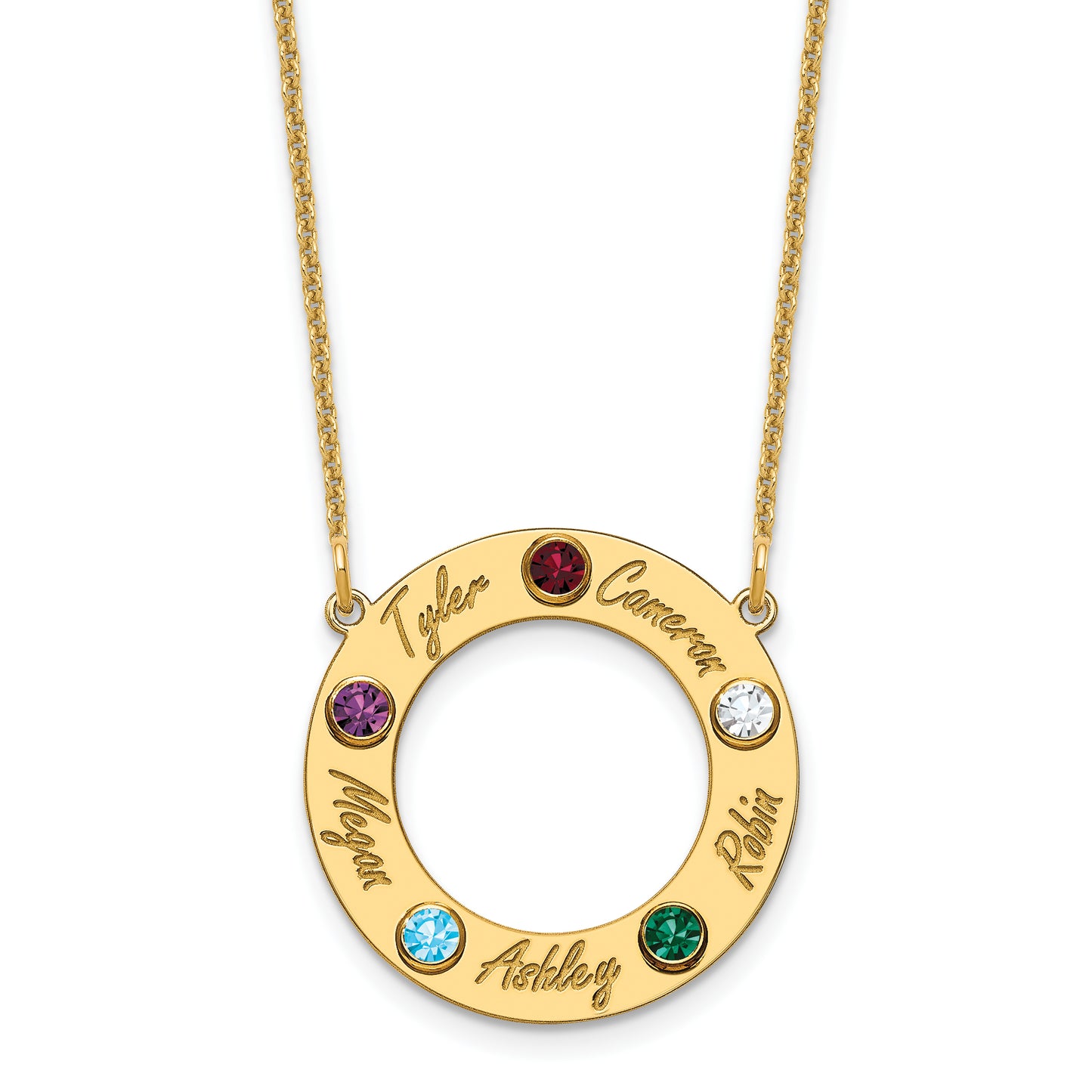 14K Yellow Gold 5 Name and Birthstone w/ 14k Bezel Cut Out Necklace
