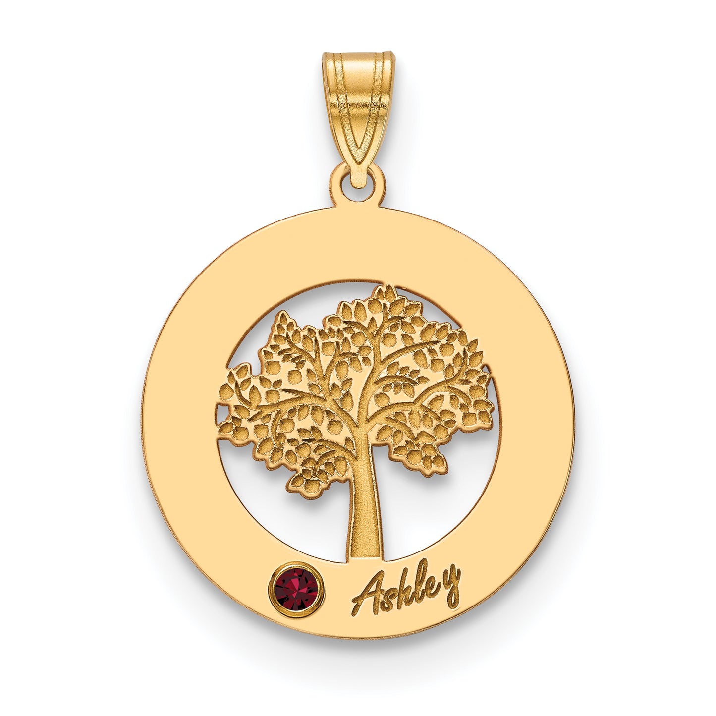 10K Yellow Gold Family Tree in Circle 1 Name and Birthstone w/ 14k Bezel Pendant