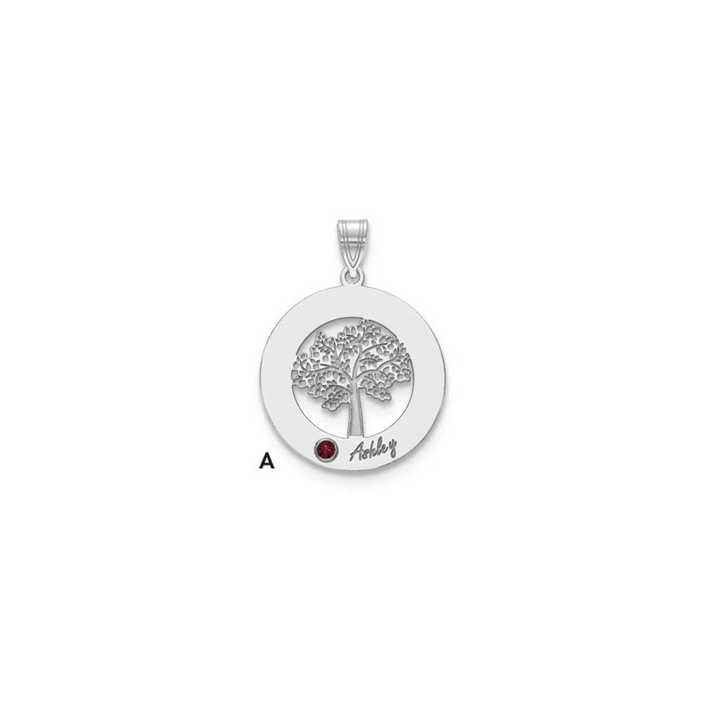 10K White Gold Family Tree in Circle 1 Name and Birthstone with 14k Bezel Pendant