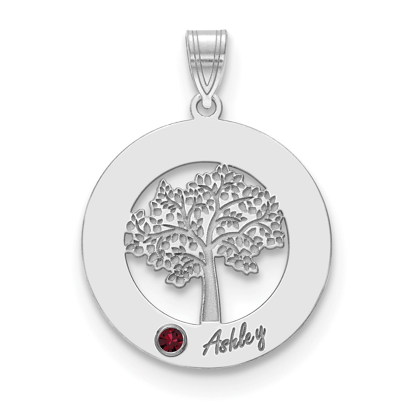 10K White Gold Family Tree in Circle 1 Name and Birthstone with 14k Bezel Pendant