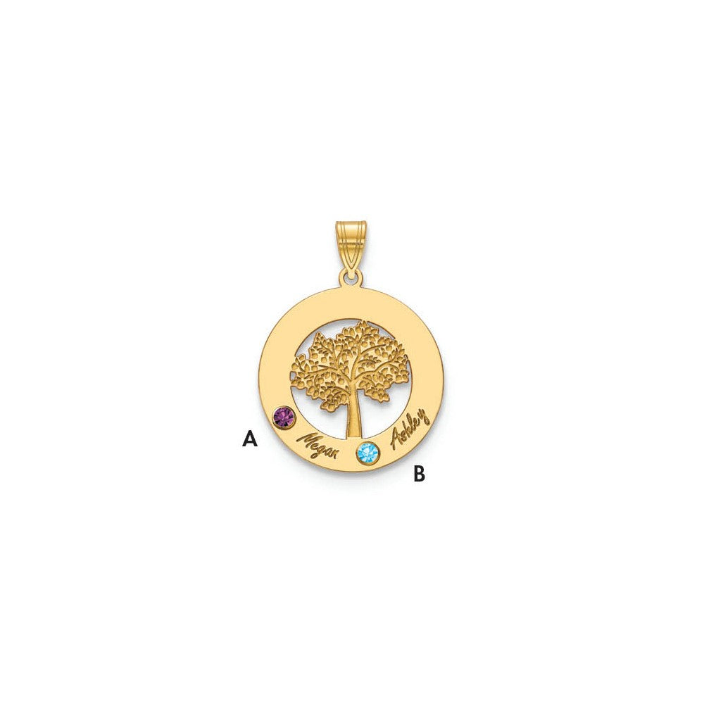 10K Yellow Gold Family Tree in Circle 2 Names and Birthstones w/ 14k Bezel Pendant