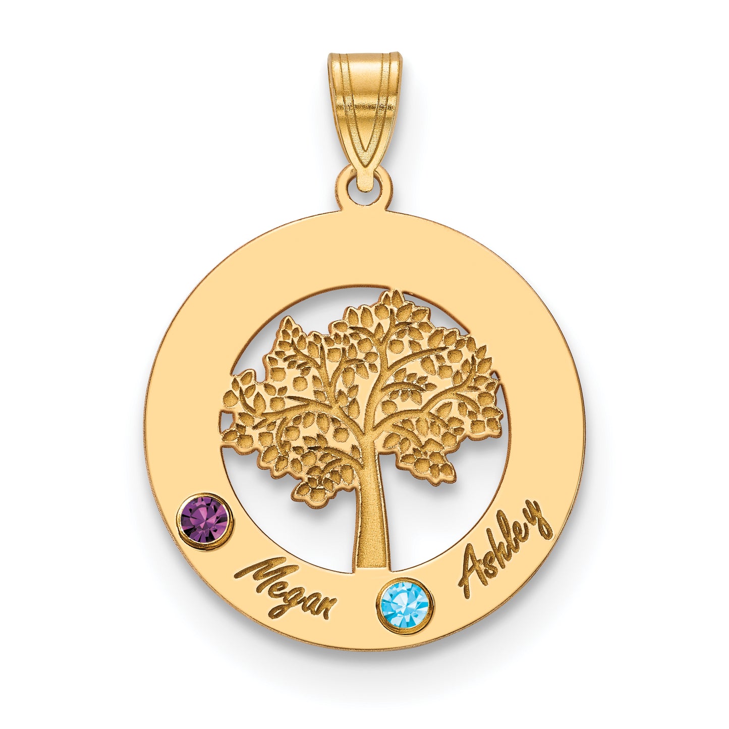 10K Yellow Gold Family Tree in Circle 2 Names and Birthstones w/ 14k Bezel Pendant