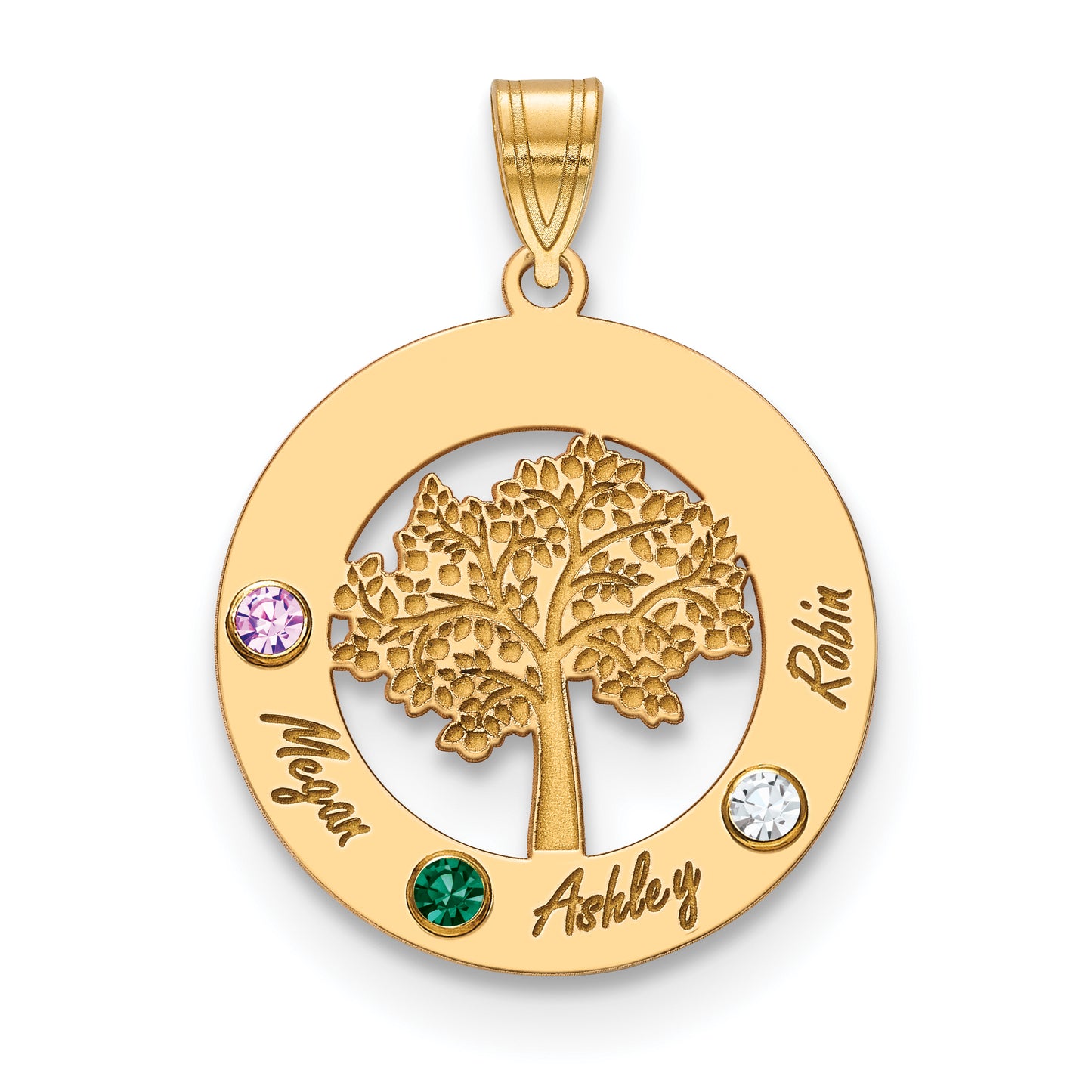 10K Yellow Gold Family Tree in Circle 3 Names and Birthstones w/ 14k Bezel Pendant