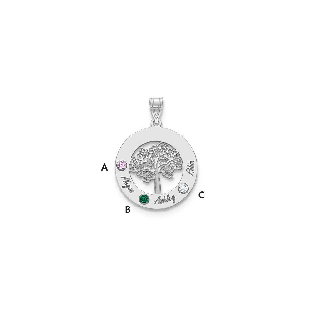 10K White Gold Family Tree in Circle 3 Names and Birthstones with 14k Bezel Pendant