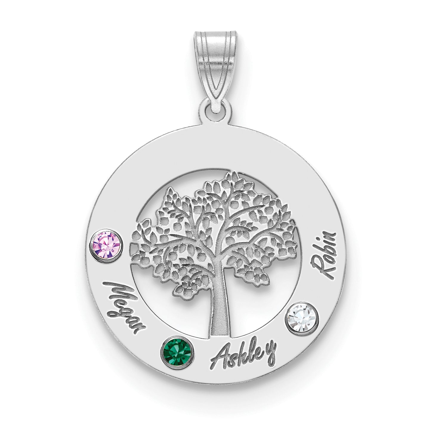 10K White Gold Family Tree in Circle 3 Names and Birthstones with 14k Bezel Pendant
