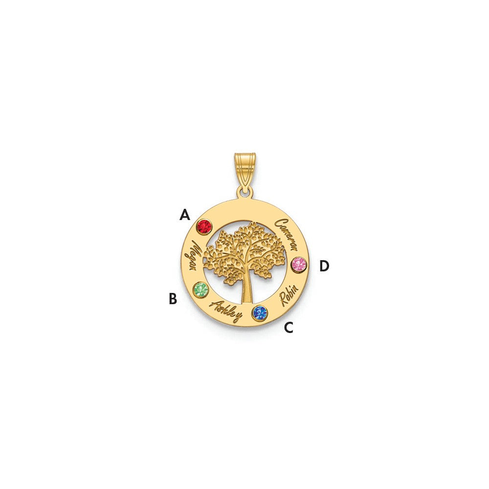 10K Yellow Gold Family Tree in Circle 4 Names and Birthstones w/ 14k Bezel Pendant