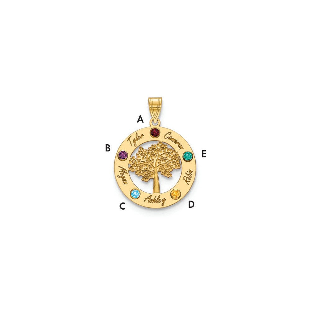 10K Yellow Gold Family Tree in Circle 5 Names and Birthstones w/ 14k Bezel Pendant