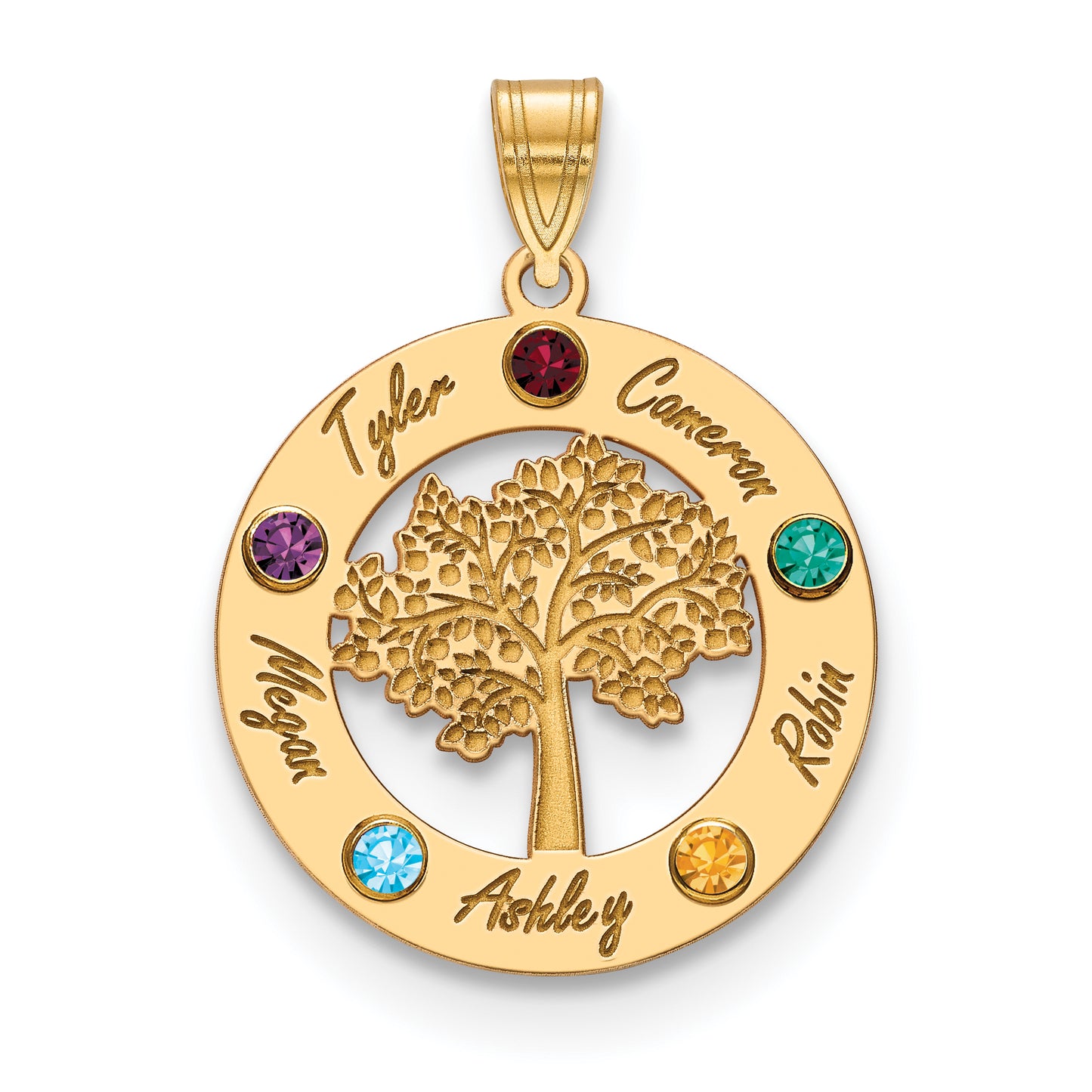 10K Yellow Gold Family Tree in Circle 5 Names and Birthstones w/ 14k Bezel Pendant