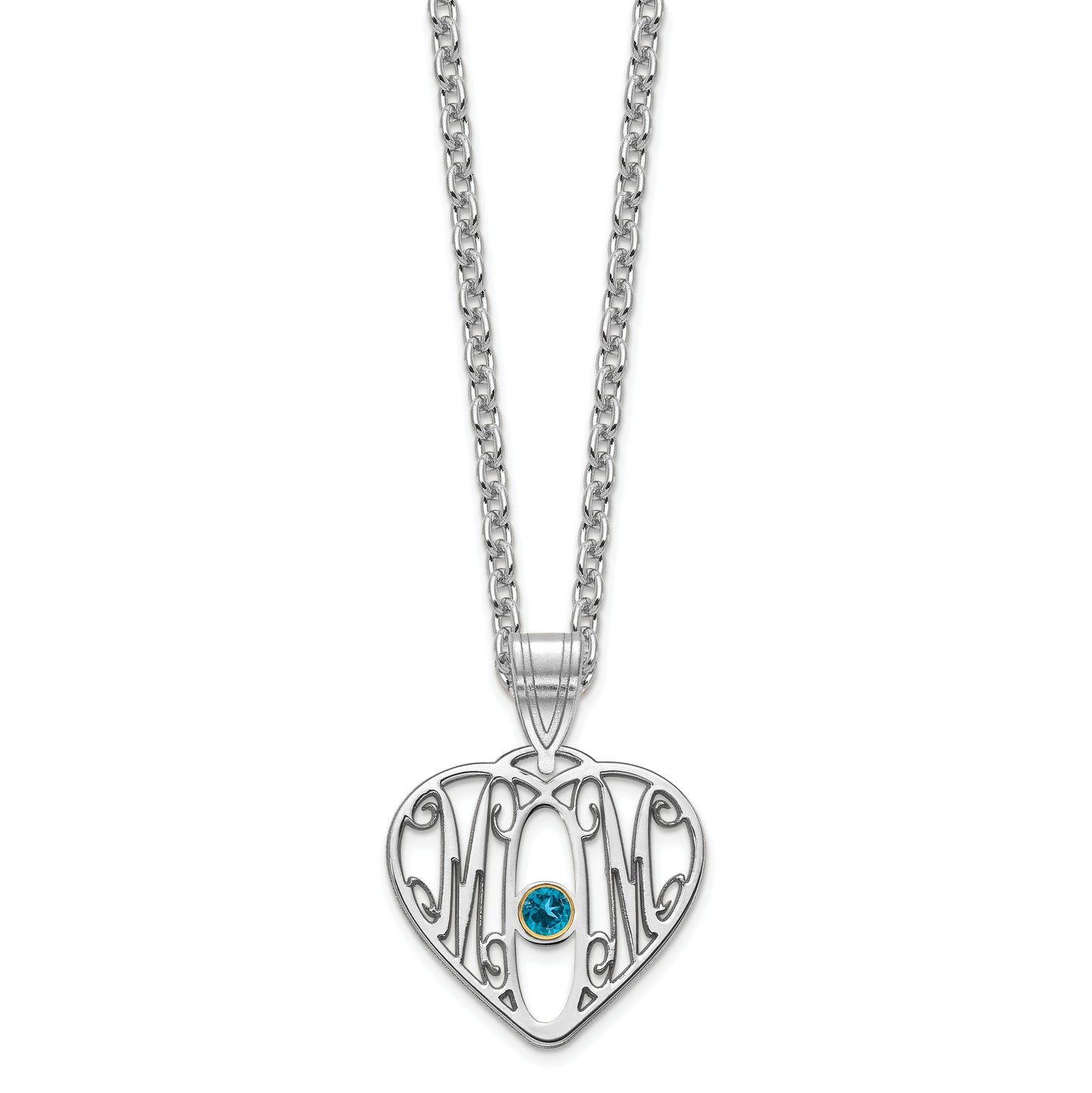 14K White Gold MOM in Heart 1 Birthstone w/18k Rhodium Plated Bezel