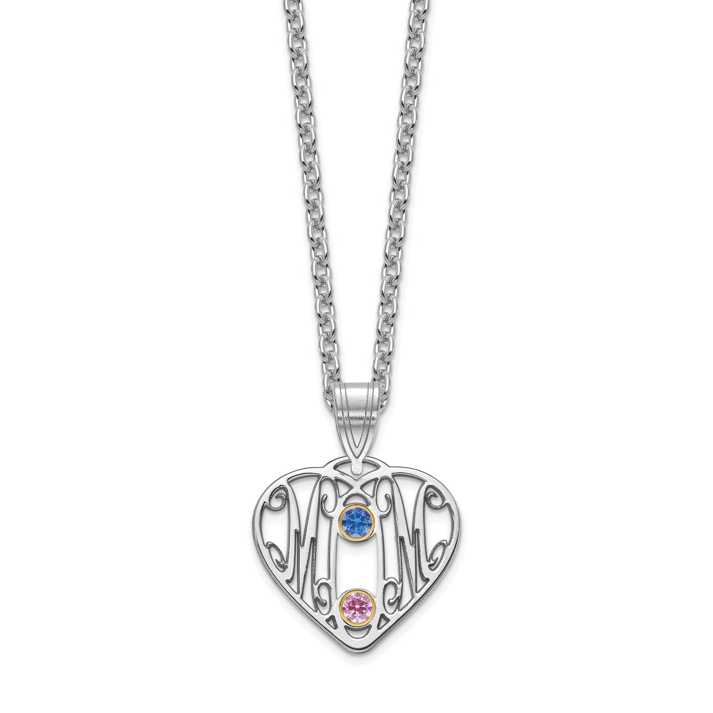 Sterling Silver Rhodium plated MOM in Heart with 2 Birthstones Pendant