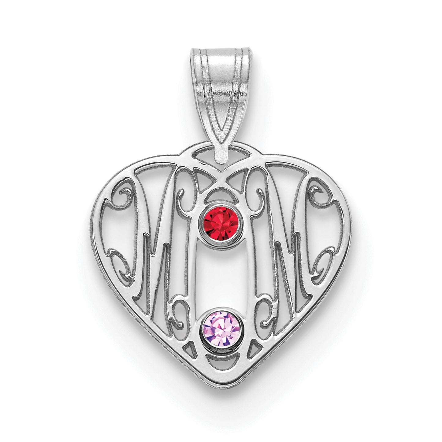 10K White Gold MOM in Heart 2 Birthstones w/18k Rhodium Plated Bezel Pendant