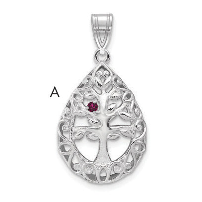 14K White Gold 1 Birthstone Tree of Life Tear Drop Pendant