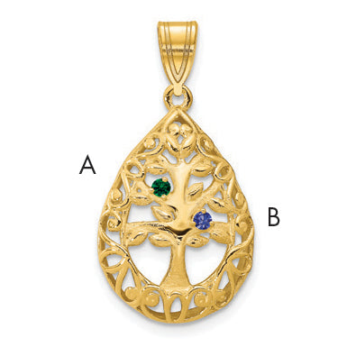 14K Yellow Gold 2 Birthstone Tree of Life Tear Drop Pendant