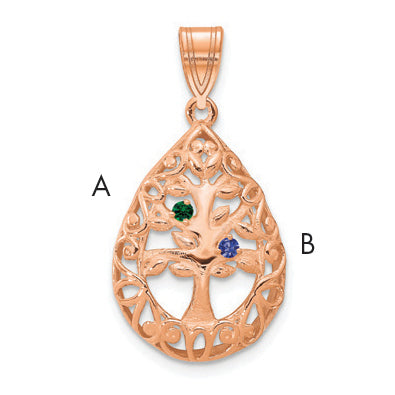 10K Rose Gold 2 Birthstone Tree of Life Tear Drop Pendant