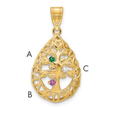 14K Yellow Gold 3 Birthstone Tree of Life Tear Drop Pendant