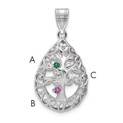 Sterling Silver Rhodium plated 3 Birthstone Tree of Life Tear Drop Pendant