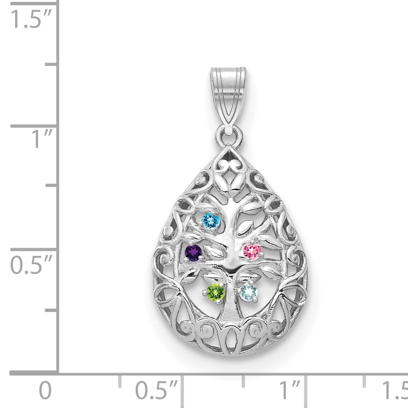 Sterling Silver Rhodium plated 5 Birthstone Tree of Life Tear Drop Pendant