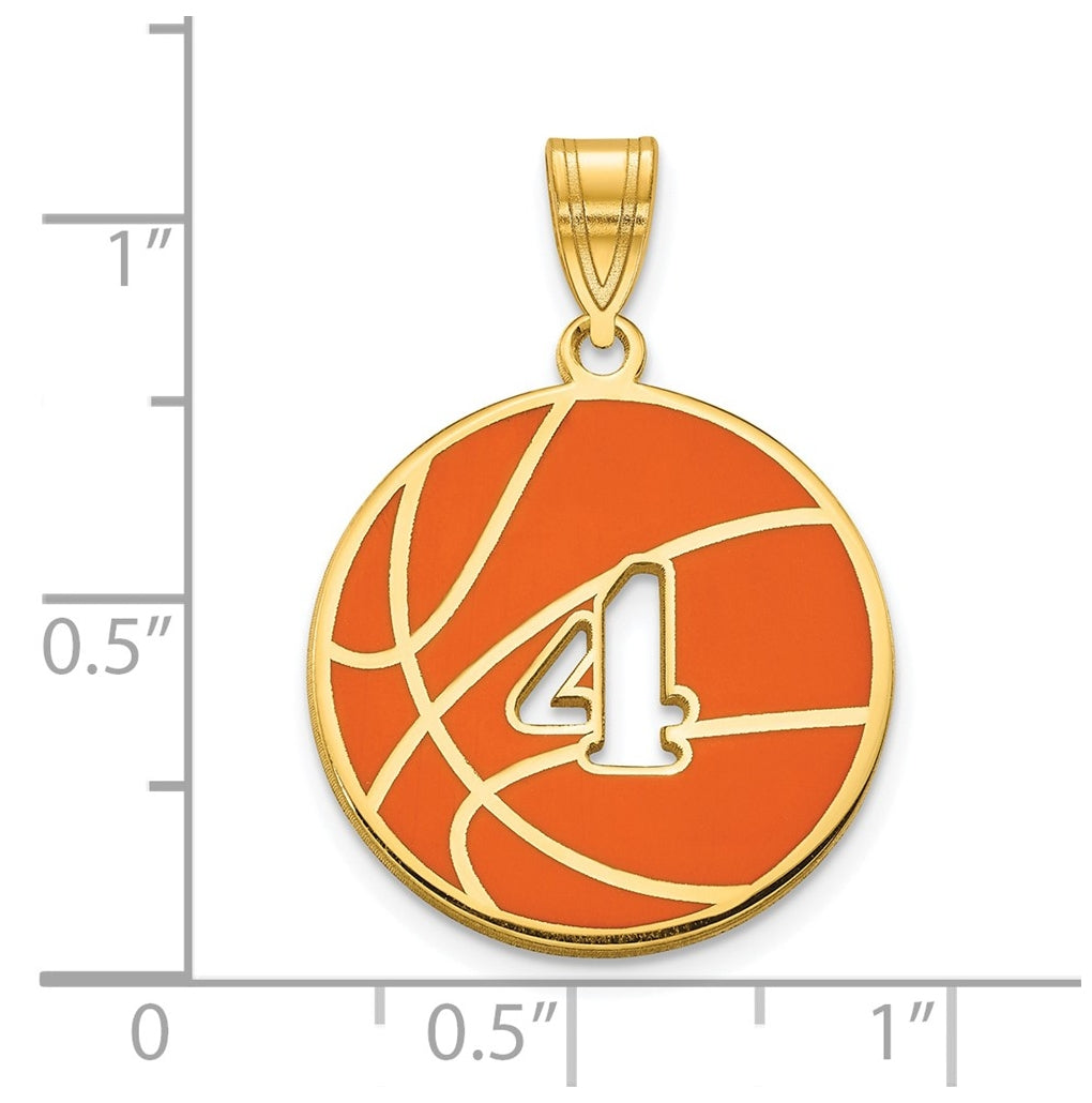 14K Yellow Or White Gold Or Sterling Silver Gold Plated Enameled Personalized Basketball with Cut Out Number Pendant