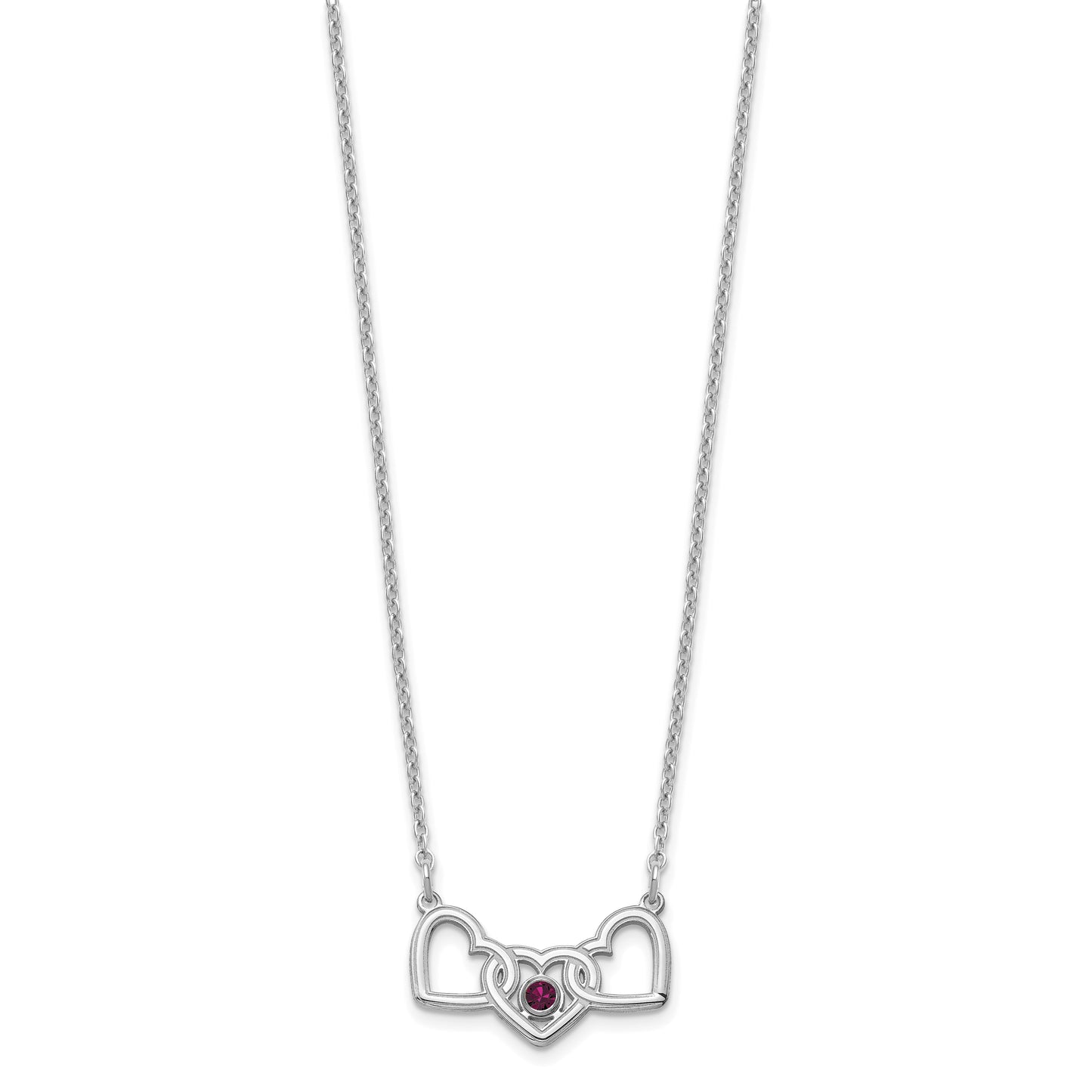 Sterling Silver Rhodium plated 3 Hearts with 1 Birthstone Necklace