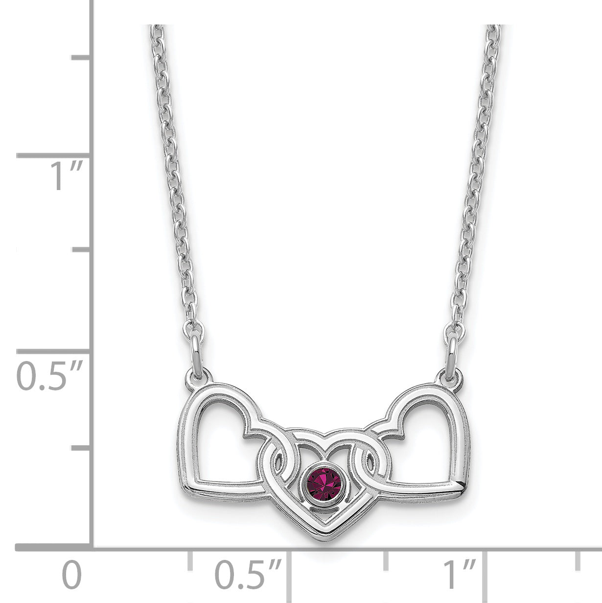 Sterling Silver Rhodium plated 3 Hearts with 1 Birthstone Necklace