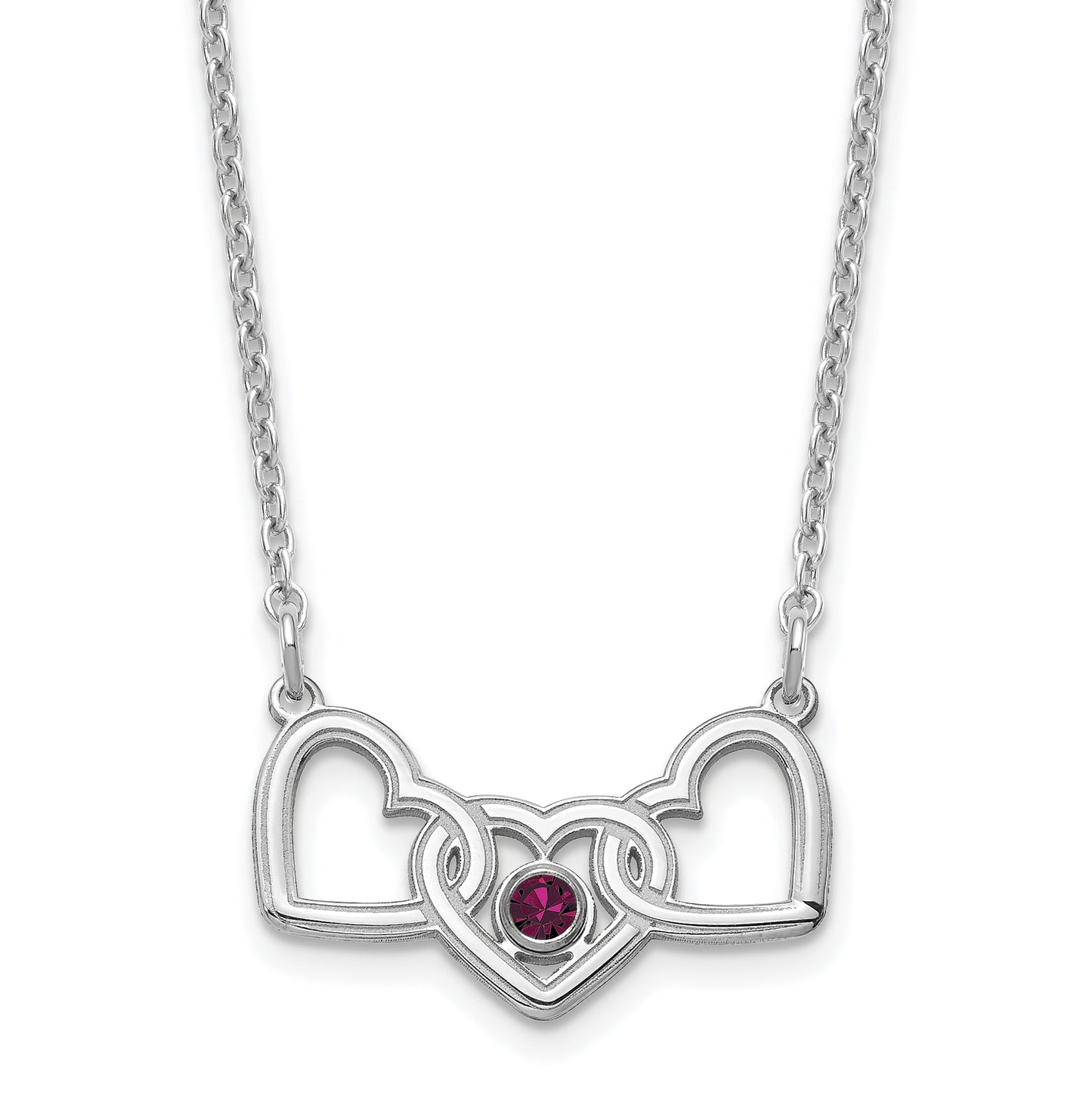 Sterling Silver Rhodium plated 3 Hearts with 1 Birthstone Necklace