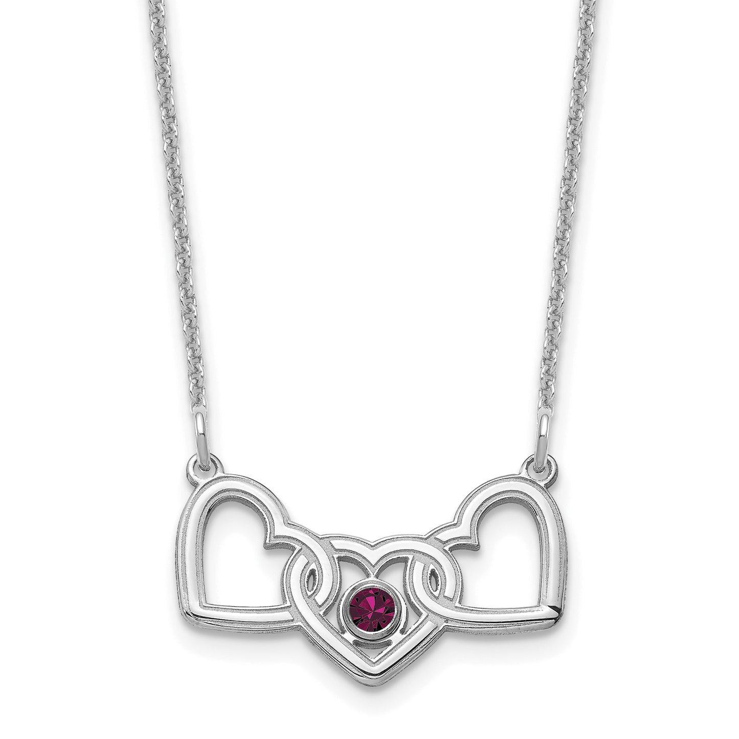 14K White Gold 3 Hearts 1 Birthstone with 18k Rhodium Plated Bezel Necklace