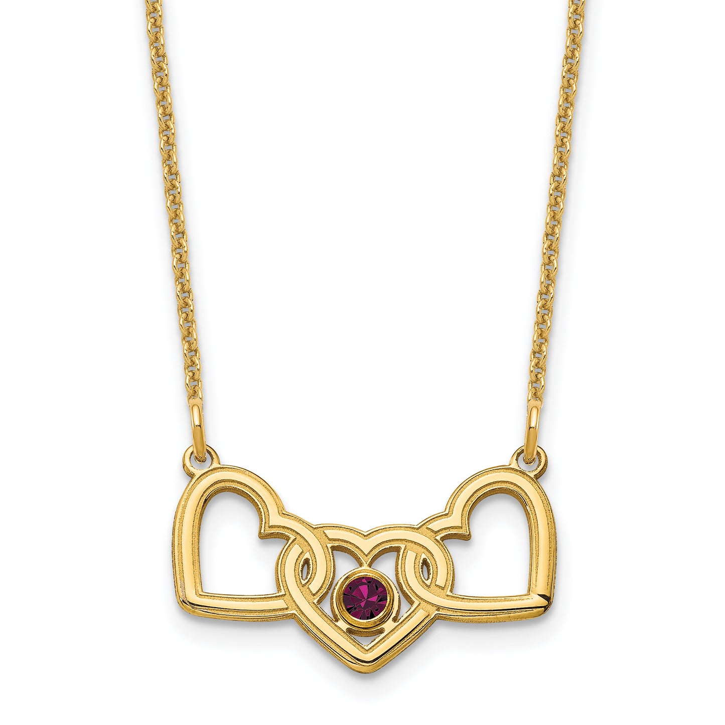 14K Yellow Gold 3 Hearts 1 Birthstone w/ 14k Bezel Necklace